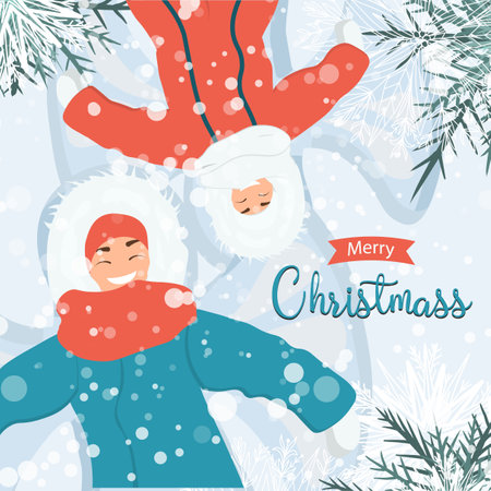 A woman and a child lie on the snow.Games on the street in winter. winter activity. snowing. Merry Christmas.のイラスト素材