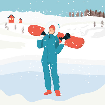 A woman in warm clothes holds a snowboard. winter activity. Winter sports.のイラスト素材