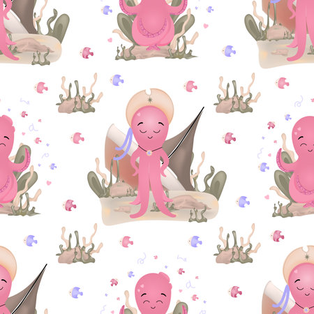 Vector illustration of a pink octopus. Seamless pattern for babies. Sea squid illustration for children's room. Cute cartoon octopus pattern. summer marina backgroundの写真素材