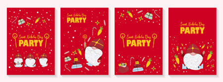 Saint nicholas party invitation set for kids. Mikulas or Sinterklaas winter festivalのイラスト素材