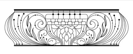 wrought iron balcony. Black metal railing with forged ornaments on a white background. entrance to the terrace decorated with steel vector. Antique vintage object of architecture, facade black victoriのイラスト素材