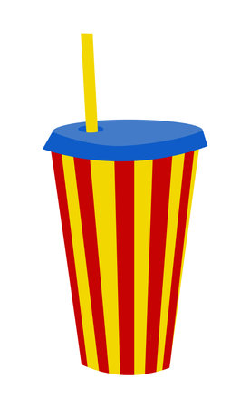 A glass for drinks in the style of the 90s. Striped red and yellow glass. Vector isolated illustration on a white background.のイラスト素材