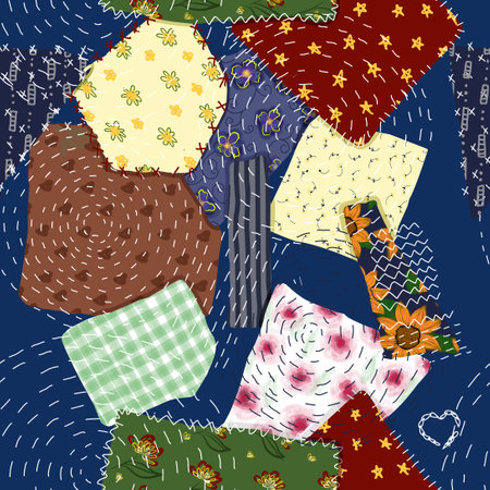 Seamless patchwork pattern. Textile pattern from pieces of fabric. Mending and sewing themeのイラスト素材