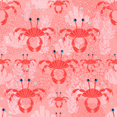 seamless pattern cute childish. seamless pattern with crabs. For fashion fabrics, baby clothes, t-shirts, cards, templates and scrapbooking. Children's drawing style. Sea life pattern.pink color.Vector illustrationの写真素材