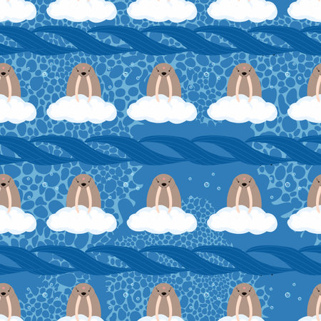 seamless pattern cute childish. seamless background with walruses. For fashion fabrics, baby clothes, t-shirts, cards, templates and scrapbooking. Children's drawing style. sea life pattern. blue color.のイラスト素材