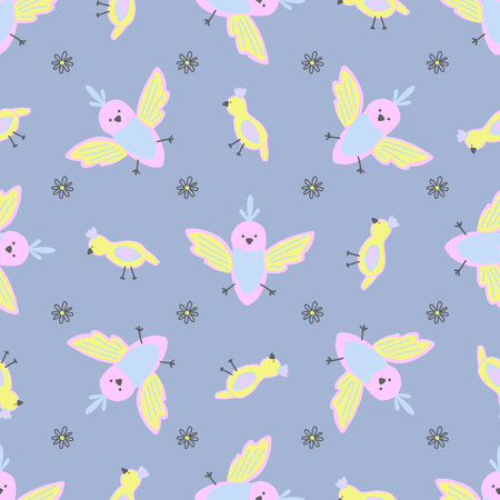 seamless pattern cute childish. seamless background with birds. For fashion fabrics, children's clothing. bright color chicks. spring pattern.のイラスト素材