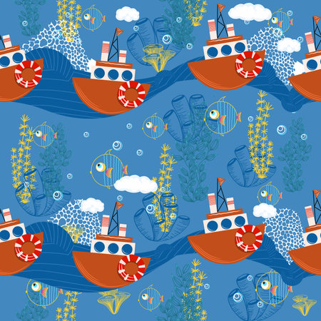 seamless pattern cute childish. seamless background with boats. For fashion fabrics, baby clothes, t-shirts, cards, templates and scrapbooking. Children's drawing style. sea life pattern. blue color.の写真素材