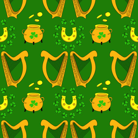 Cool trendy pattern with clover. Irish harp. Hand drawn seamless pattern. cute saint patrick print.のイラスト素材