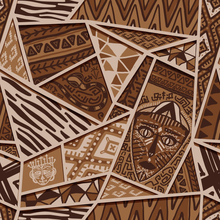 Seamless pattern with African ornaments. drawing with an endless design of primitive rock paintings. The theme of black culture.のイラスト素材