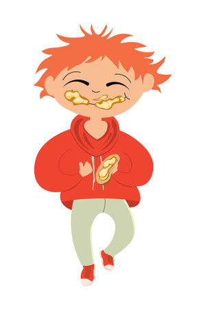 boy stained with peanut butter. the child eats a sandwich with peanut butter. appetizingのイラスト素材