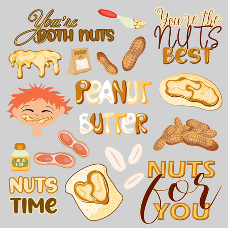 Set of peanut elements. Nuts, butter, peanut butter sandwich. Stickers.vector illustrationのイラスト素材