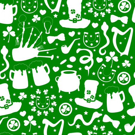 St. patrick's day pattern. Wrapping paper design for patrick's day. green background. clover and shamrock.のイラスト素材