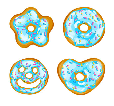 NATIONAL DONUT DAY.glazed sweet donut. Draw funny american kawaii traditional sweet donut vector illustration. American traditional food, cooking, menu concept. Doodle in cartoon style.のイラスト素材