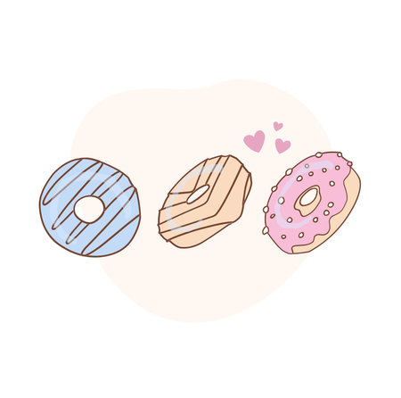 NATIONAL DONUT DAY.glazed sweet donut. Draw funny american kawaii traditional sweet donut vector illustration. American traditional food, cooking, menu concept. Doodle in cartoon style.のイラスト素材
