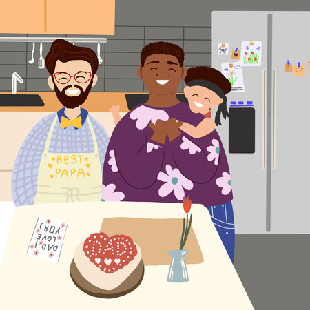 Father's day greeting card template. ready-to-print postcard layout. Portrait Of Loving Male Same Sex Couple Cuddling Baby son On kitchen Together. banner layout.のイラスト素材