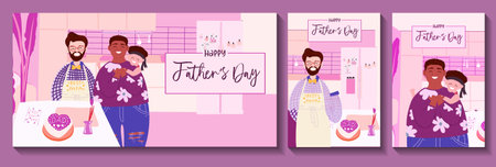 Father's day greeting card template. ready-to-print postcard layout. Portrait Of Loving Male Same Sex Couple Cuddling Baby son On kitchen Together. banner layout.のイラスト素材