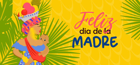 Colombian mothers day greeting banner template,bright mothers day flyer afrocolombian woman. In Spanish: Happy Mother's Day.のイラスト素材