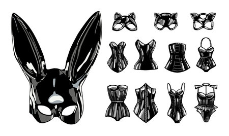 latex cat and rabbit mask. black latex. female corset. fetish.のイラスト素材