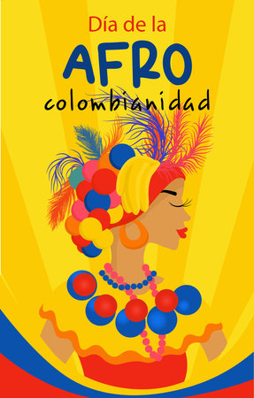 Afro-Colombian Day in Colombia in Spanish. Vertical banner in bright colors. Beautiful woman in national carnival costume.のイラスト素材