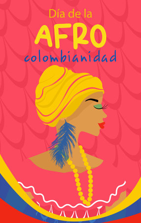 Afro-Colombian Day in Colombia in Spanish. Vertical banner in bright colors. Beautiful woman in national carnival costume.のイラスト素材