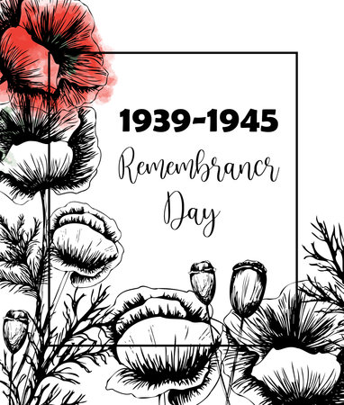 Second world war 1939-1945, victory day, memorial day poster or banner on poppy flowers background.Vector illustration of bright poppy flower. memorial day symbol.のイラスト素材