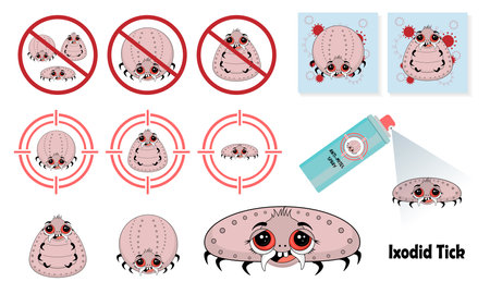 Means of protection against ticks. pest control. Ixodid ticks. insecticides. tick spray. INSECT PEST CHARACTERS.のイラスト素材