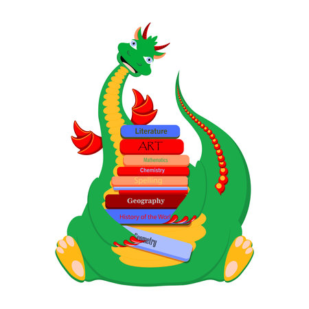 Funny dragon with books. Autumn dragon.Symbol of 2024.のイラスト素材