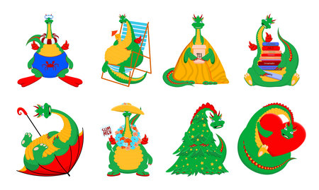 Fantasy cartoon dragon characters. Year of the green dragon 2024.のイラスト素材