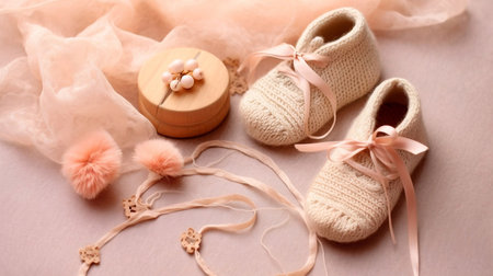 knitting for a newborn, crochet.booties, dress top view on a soft beige background,tenderness,knitting needles,baby legs,lace ribbon and feathers in vintage style,AI generatedの素材