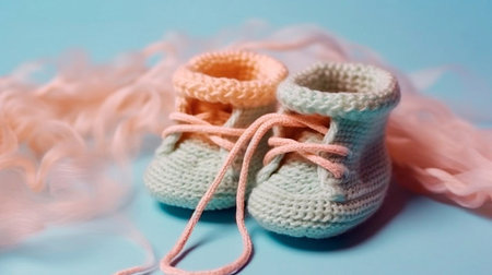 boy or girl? knitting for newborn, crochet. booties, top view on a soft pink blue beige background, tenderness, knitting needles, wool, lace ribbon,AI generatedの素材