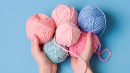 Female hands BEAUTIFUL close-up, knitting for a newborn, crochet.booties, top view on a soft pink blue beige background,tenderness,knitting needles,wool,lace ribbon.AI generated.artificial intelligenceの素材