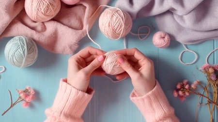 Female hands BEAUTIFUL close-up, knitting for a newborn, crochet.booties, top view on a soft pink blue beige background,tenderness,knitting needles,wool,lace ribbon.AI generated.artificial intelligenceの素材