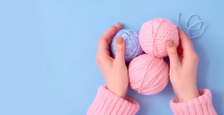 Female hands BEAUTIFUL close-up, knitting for a newborn, crochet.booties, top view on a soft pink blue beige background,tenderness,knitting needles,wool,lace ribbon.AI generated.artificial intelligenceの素材
