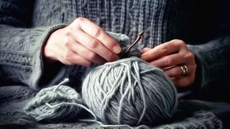 knitting by hands, on a soft gray background, tenderness, thick thread, in a modern style.AI generatedの素材