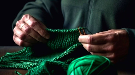 men's knitting by hands, on a dark green background, tenderness, thick thread, in a modern style.AI generatedの素材