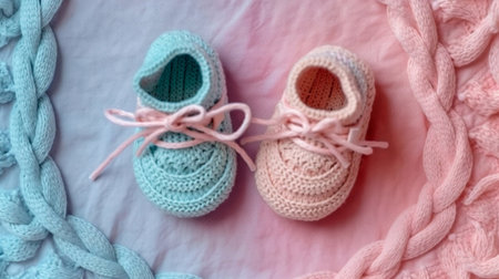 Women's hands BEAUTIFUL close-up, knitting for a newborn, crochet.booties, top view on a soft pink white background,AI generatedの素材