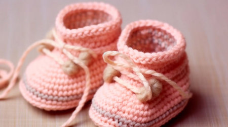 Women's hands BEAUTIFUL close-up, knitting for a newborn, crochet.booties, top view on a soft pink white background,AI generatedの素材