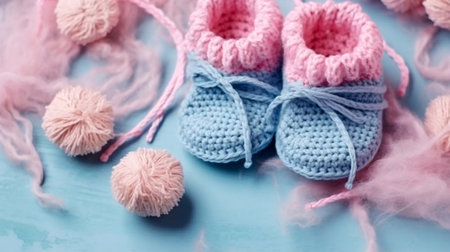 knitting for a newborn, crochet. booties, top view on a soft pink blue beige background, tenderness, knitting needles, wool, lace ribbon,AI generatedの素材