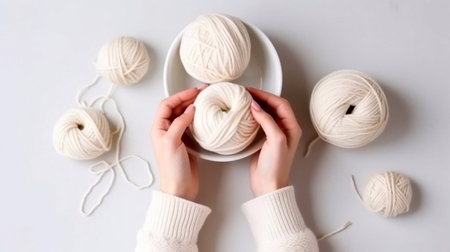 Women's hands BEAUTIFUL close-up, knitting for a newborn, crochet. top view on soft creamy white background.AI generatedの素材