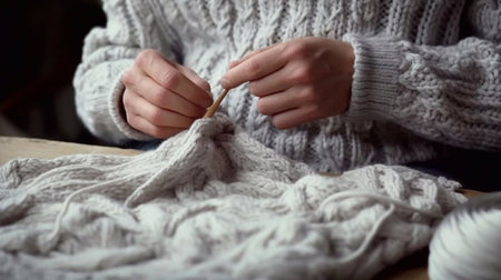 men's knitting by hands, on a soft gray background, tenderness, thick thread, in a modern style.AI generatedの素材