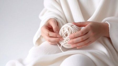 Women's hands close-up, knitting, Crochet.top view on pure white background.AI generated.artificial intelligenceの素材