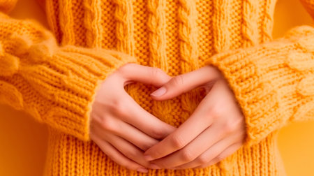 Women's hands close-up, knitting, Crochet.top view on pure soft yellow background.AI generatedの素材