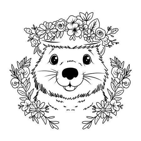 Groundhog Day coloring page. Coloring page muzzle of a cute marmot with flowers.のイラスト素材