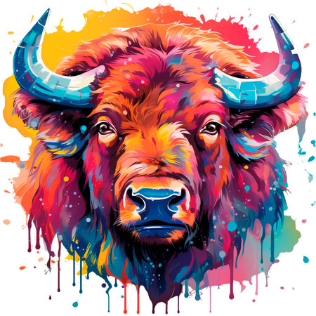 Bright watercolor buffalo with streaks and splashes. AI generated. Bull print on T-shirt. Neon colors. Cow headの素材