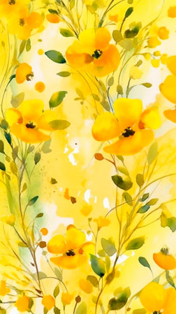 Abstract watercolor flower pattern. Vertical yellow background for stories, yellow phone screensaver, tropical, jingle,AI generationの素材