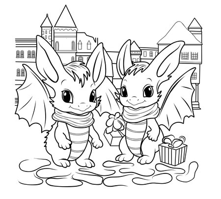 Two cute baby dragons.Simple linear illustration for coloring.Dragon year 2024 coloring pageのイラスト素材