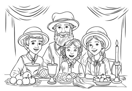 Jewish family celebrating Jewish New Year.Shana Tova.Simple line illustration for coloring Rosh Hashanah.Coloring pageのイラスト素材