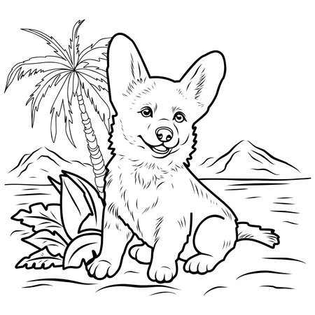 Dog breed Corgi.Simple line illustration for coloring book Corgi puppy.Coloring pageのイラスト素材