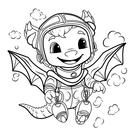 Cute dragon pilot.Simple line illustration for coloring.Dragon year 2024 coloring page.のイラスト素材