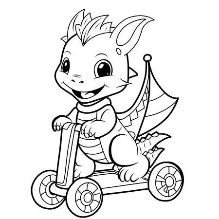 Cute dragon on the scooter.Simple line illustration for coloring.Dragon year 2024 coloring pageのイラスト素材